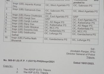 আগরতলার বেশ কিছু থানার ওসিদের রদবদল