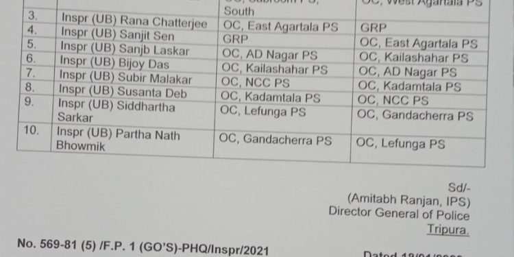 আগরতলার বেশ কিছু থানার ওসিদের রদবদল