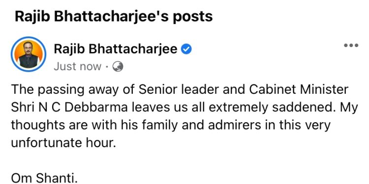 মন্ত্রী এন সি দেববর্মার প্রয়ানে শোকপ্রকাশ করলেন বিজেপি প্রদেশ সভাপতি