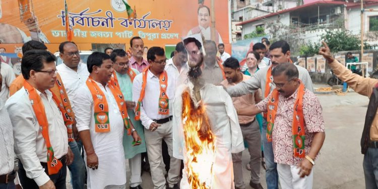 রাহুল গান্ধির কুশপুত্তলিকা পোড়ানো হচ্ছে বিজেপির তরফে।